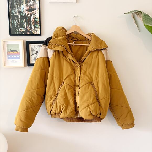 Free People Heidi Ski Puffer Jacket Mustard Chevron Color‑Block Zip Front Size M - Picture 2 of 12